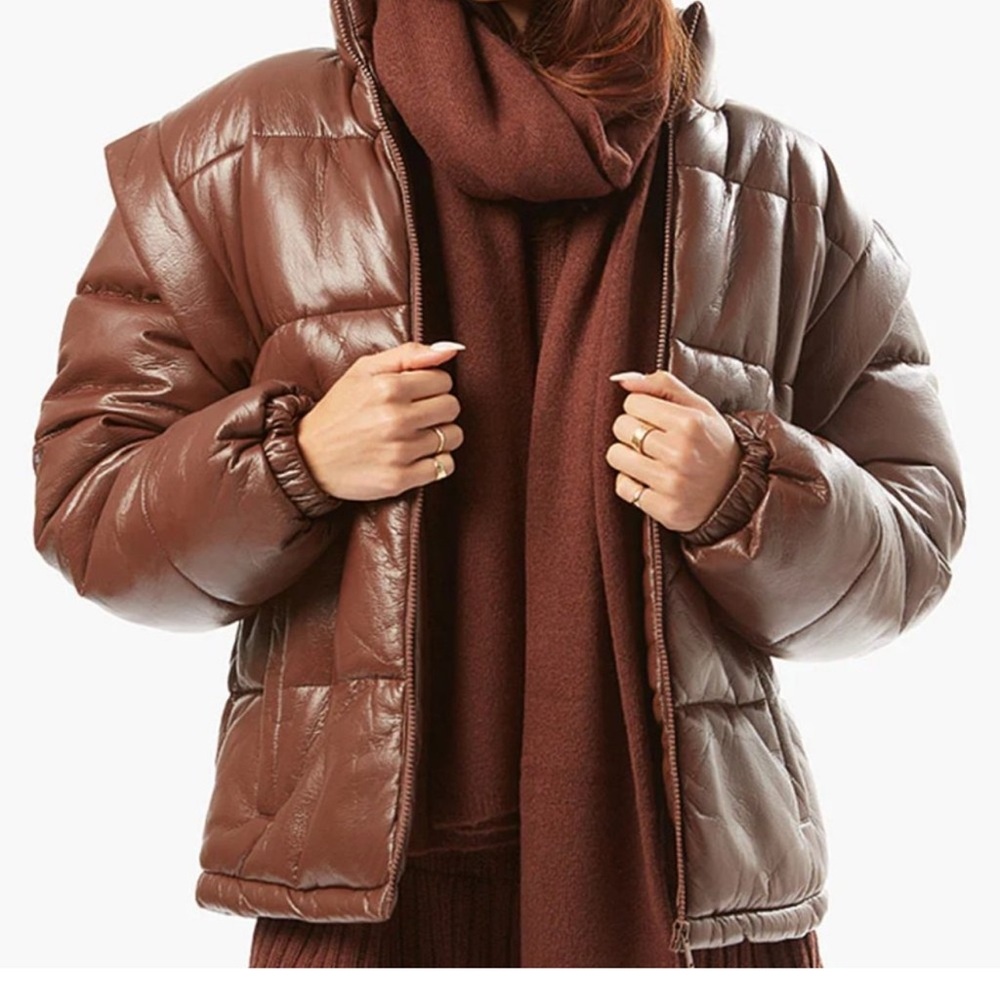 Snap Off Sleeve Matte Faux Leather Puffer Jacket